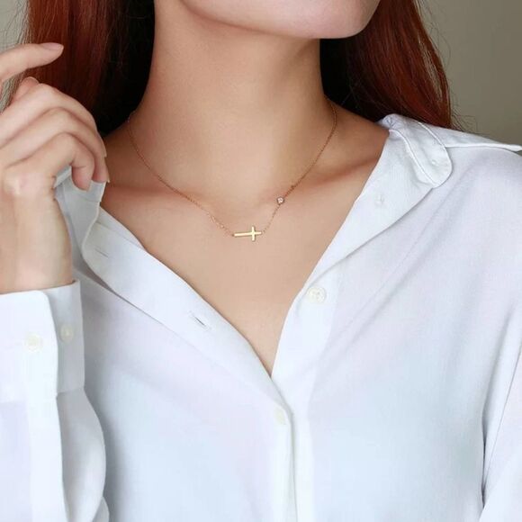 Gold Sideways Cross Necklace Cubic Zirconia Charm - Picture 8 of 8